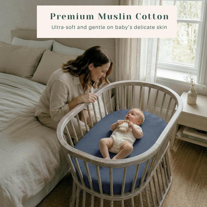 Muslin Bedside Sleeper Bassinet Fitted Sheets, 3 Pack Cotton Baby Sheet for Boys & Girls, Soft, Compatible with Baby Delight, Dream On Me, AMKE and Other Rectangle Mattress (Nightfall Blue)