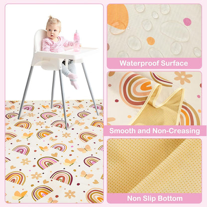 Basumee Splat Mat High Chair Mat Waterproof Baby Play Splat Mat for Under High Chair Food Catcher Highchair Mat for Floor Non Slip Bottom, Pink Rainbow, 46x42 Inches