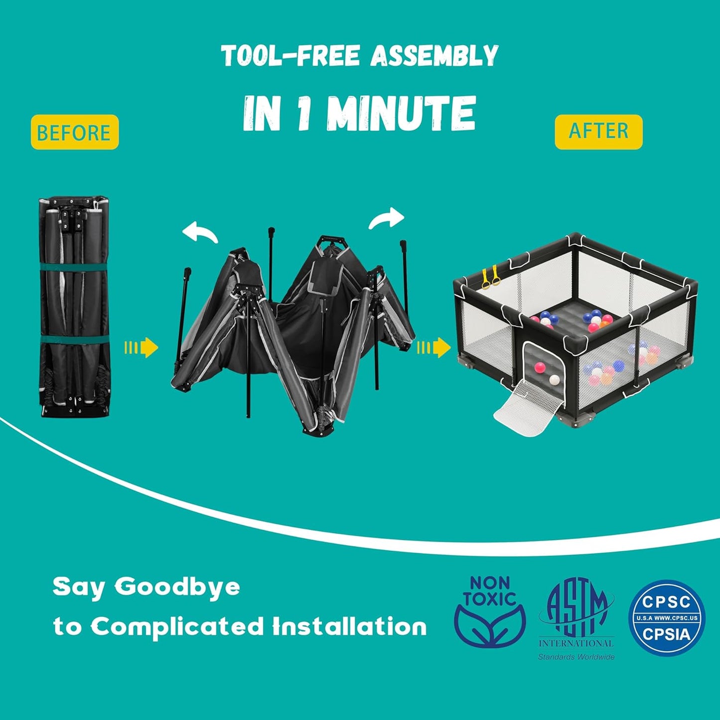 ICAREWAY Foldable Playpen for Babies and Toddlers, 50x50 Inches Portable Playpen, Kids Collapsible Play Pen with 2 Handlers, Indoor & Outdoor Baby Fence Play Area with Visible Mesh, Dark Gray