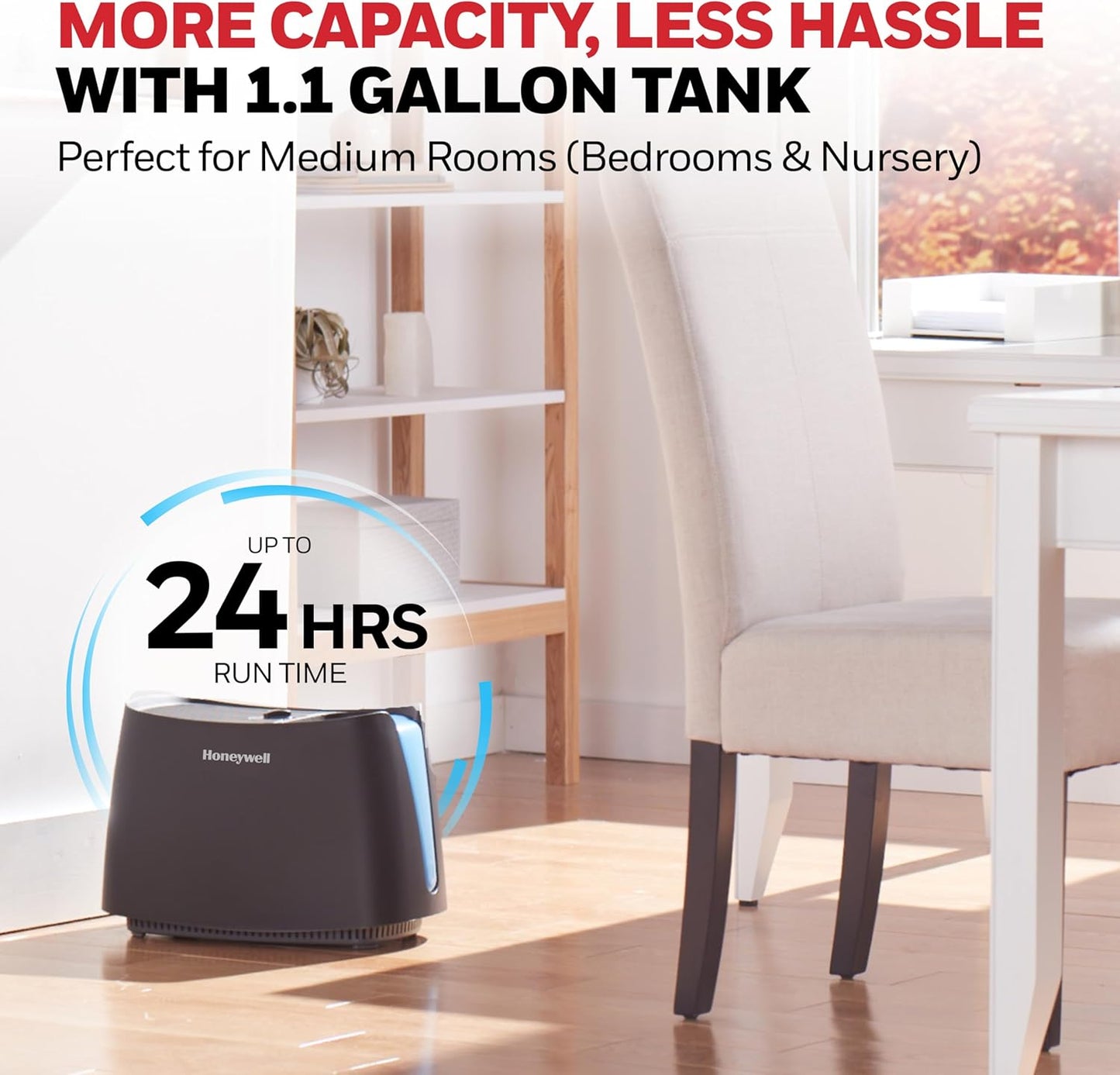 Honeywell Cool Moisture Humidifier For Bedroom, Medium Rooms, 1.1 Gallon, Invisible Moisture Humidifier for Baby, Kids, Quiet, Easy to Clean, UV Technology, Black, HCM350B