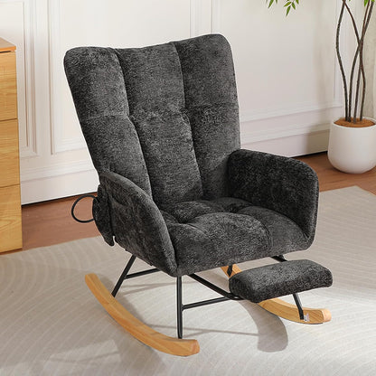 Rocking Chair Nursery with Airbag, Comfy Modern Nursery Rocking Reading Chair indoor with Footrest, Cozy Upholstered Glider Rocker Chairs for Living Room Bedroom Offices(Chenille, Dark Grey)