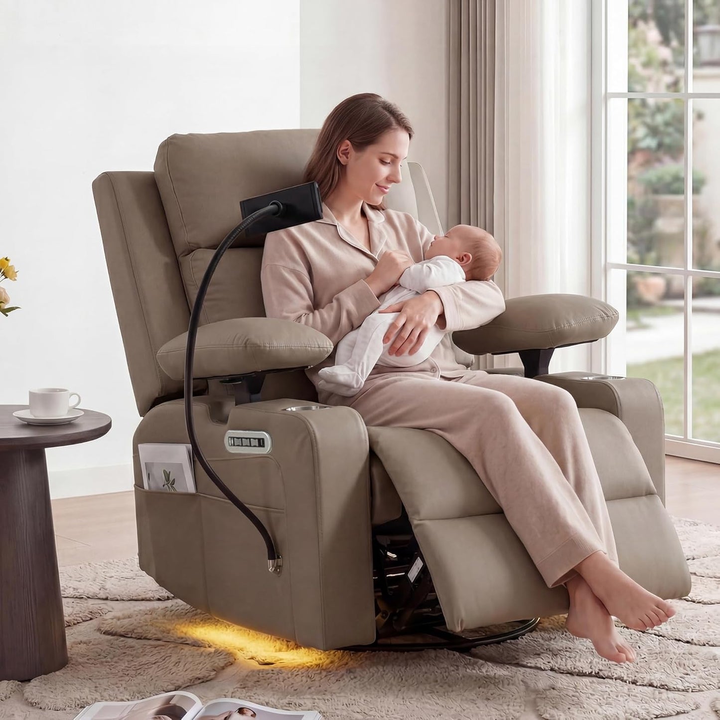 Power Rocking Chair Nursery with Adjustable Armrests and Headrest, Swivel Rocker Recliner with Electric Lumbar Support, Glider Recliners for Breastfeeding, Nursing Chair with USB, Cup Holder, Beige
