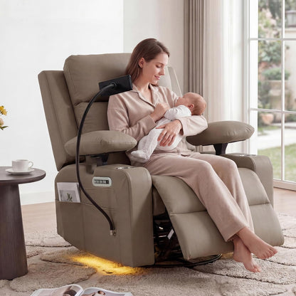 Power Rocking Chair Nursery with Adjustable Armrests and Headrest, Swivel Rocker Recliner with Electric Lumbar Support, Glider Recliners for Breastfeeding, Nursing Chair with USB, Cup Holder, Beige