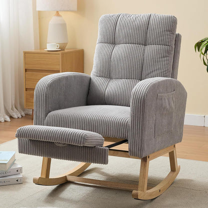 NIOIIKIT Nursery Rocking Chair, Corduroy Upholstered Rocking Chair with Adjustable Footrest, Tufted Rocker Chair with Side Pocket, Glider Rocker for Living Room, Bedroom (Cream Retro)