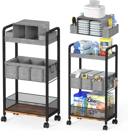 2IN1 Baby Diaper Caddy Organizer & 4-Tier Rolling Cart, Bedside Cart for Baby Essentials Nursery With Drawers, Metal Mobile Diaper Caddy Cart with Wheels, Storage Basket with Dividers for Baby Shower