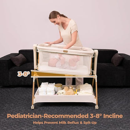Ezebaby Baby Bassinet Bedside Sleeper: 3-in-1 Rocking Bassinet for Baby - Breathable Full-Mesh Crib with Mattress | 6 Height Adjustable | Portable Crib with Lockable Wheels for Newborns