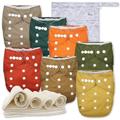 Nora's Nursery Cloth Diapers 7 Pack with 7 Inserts & 1 Wet Bag - Waterproof Cover, Washable, Reusable & One Size Adjustable Pocket Diapers for Newborns and Toddlers - Cali Coastal