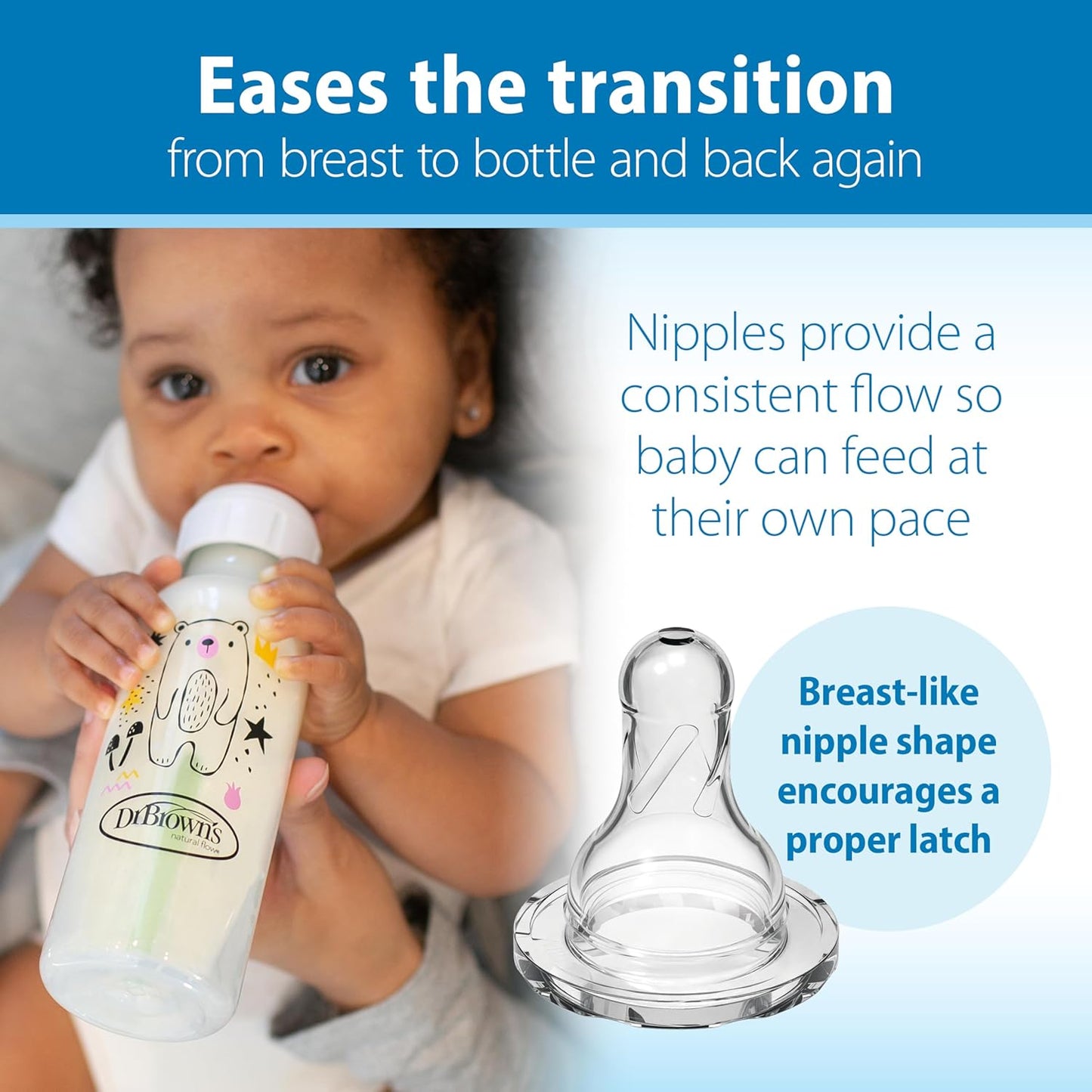 Dr. Brown's Natural Flow Anti-Colic Options+ Narrow Baby Bottle, Bear and Owl, 8 oz/250 mL, with Level 1 Slow Flow Nipple, BPA Free, 0m+, 2-Pack