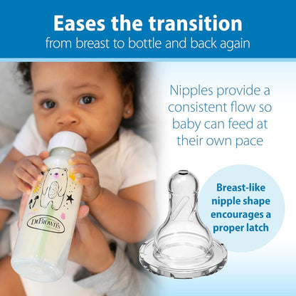 Dr. Brown's Natural Flow Anti-Colic Options+ Narrow Baby Bottle, Bear and Owl, 8 oz/250 mL, with Level 1 Slow Flow Nipple, BPA Free, 0m+, 2-Pack