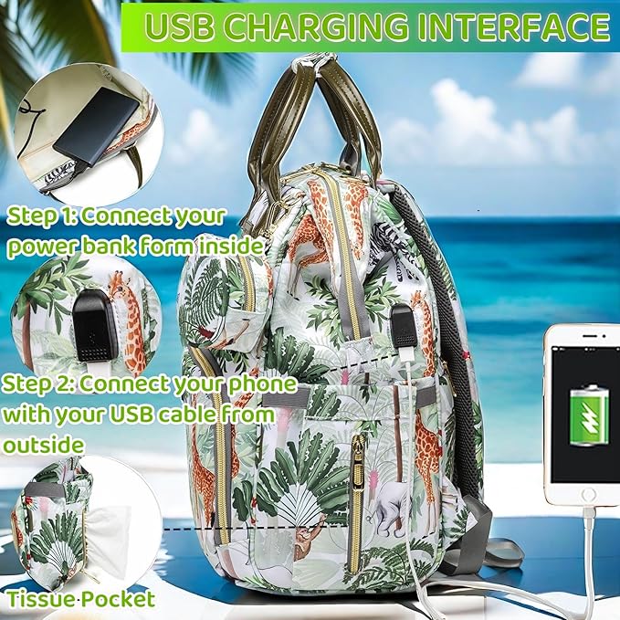 Tropical Rainforest Diaper Bag Backpack,Animal Nappy Backpack with Coin Bag USB Charging Port Stroller Straps and Insulated Pocket For Women/Mom/Travel (Animal Pattern)