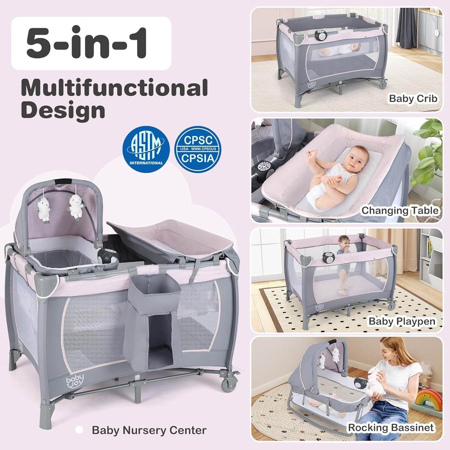 BABY JOY 5 in 1 Pack and Play, Portable Nursery Center Baby Playard w/Bassinet & Diaper Changing Table, Bag, Infant Bassinet Crib Activity Center for Baby Toddlers Indoor Outdoor (Royal Blue, Classic)