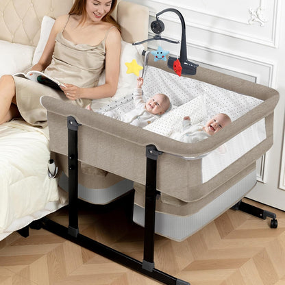 Twin Bassinet for 2 Babies, Double Bassinet for Twins with Music Toys, Mosquito Net & Storage Basket Portable Foldable Bedside Sleeper for Newborns, Grey | Side By Side Design, Independent Space, Small Space Fit, Safe Co Sleeping, Stable Frame