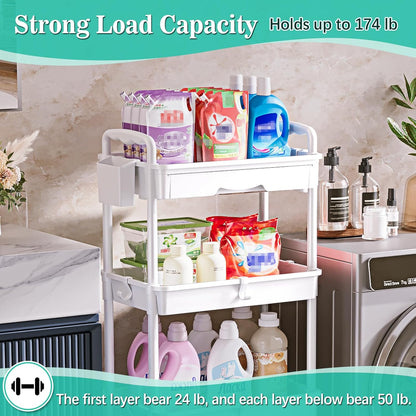 SUNALLY 3 Tier Rolling Cart with Drawer, Bathroom Storage Organizer with 2 Lockable Wheels, Multifunctional Rolling Storage Cart for Bathroom, Kitchen, Office, Craft, Makeup, Baby Essentials, White