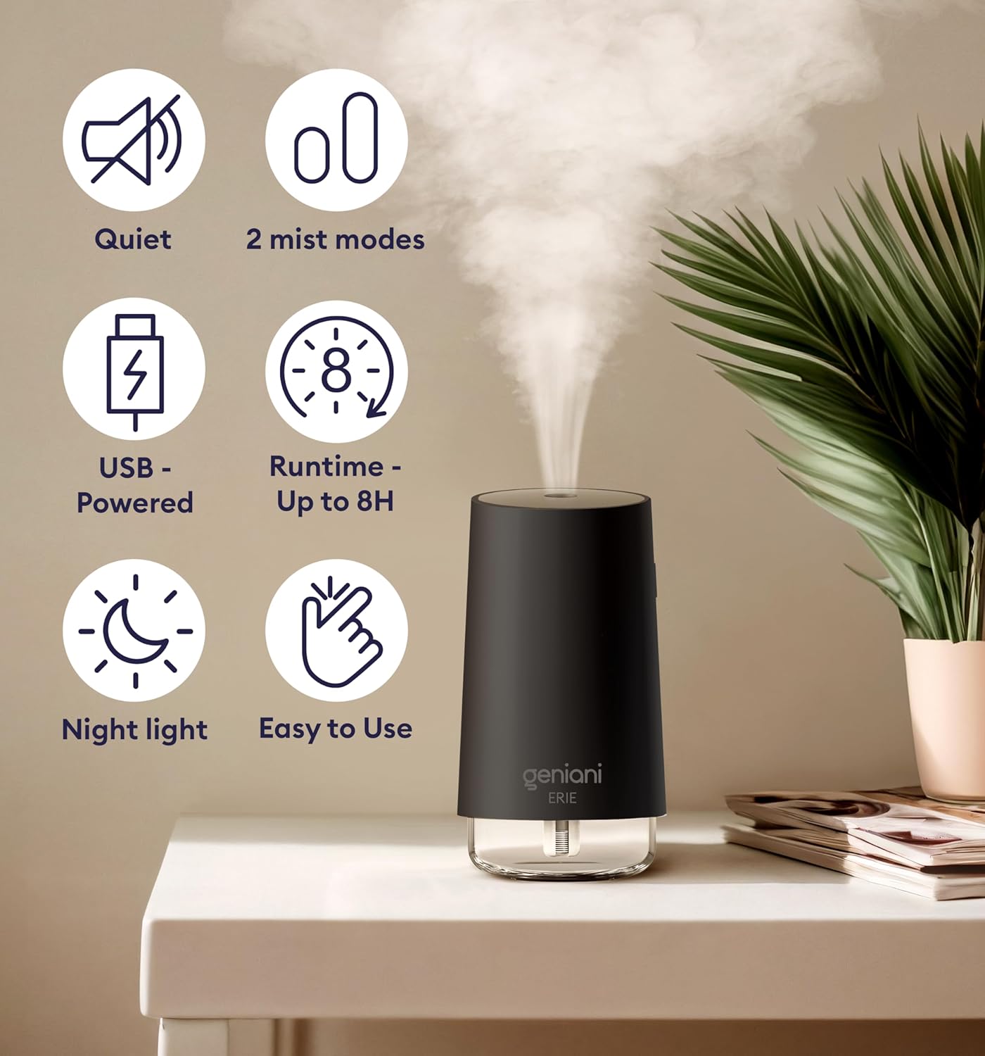 GENIANI Portable Cool Mist Humidifiers for Bedroom & Office - Ultrasonic Humidifier for Home, Baby, Small Room with Auto Shut Off, 250ML Easy to Clean Water Tank