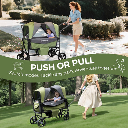 Stroller Wagon for 2 Kids with Canopy, Foldable All-Terrain Wagon Stroller with Adjustable Push/Pull Handle, Parent Organizer, 5-Point Harness, Ideal for Travel & Outdoor Adventures, Meadow Green