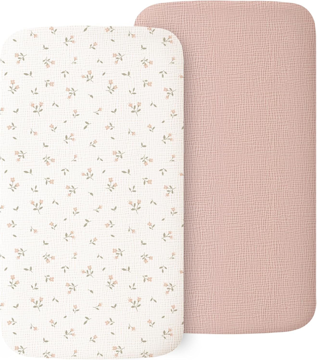 MairMore 2 Pack Muslin Fitted Bassinet Sheets for Babies, Soft & Breathable 100% Cotton Bedside Sleeper Bassinet Sheet, Moses Basket Oval Rectangle Pad/Mattress (Pink Blossom)