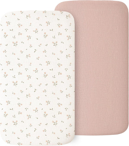 MairMore 2 Pack Muslin Fitted Bassinet Sheets for Babies, Soft & Breathable 100% Cotton Bedside Sleeper Bassinet Sheet, Moses Basket Oval Rectangle Pad/Mattress (Pink Blossom)