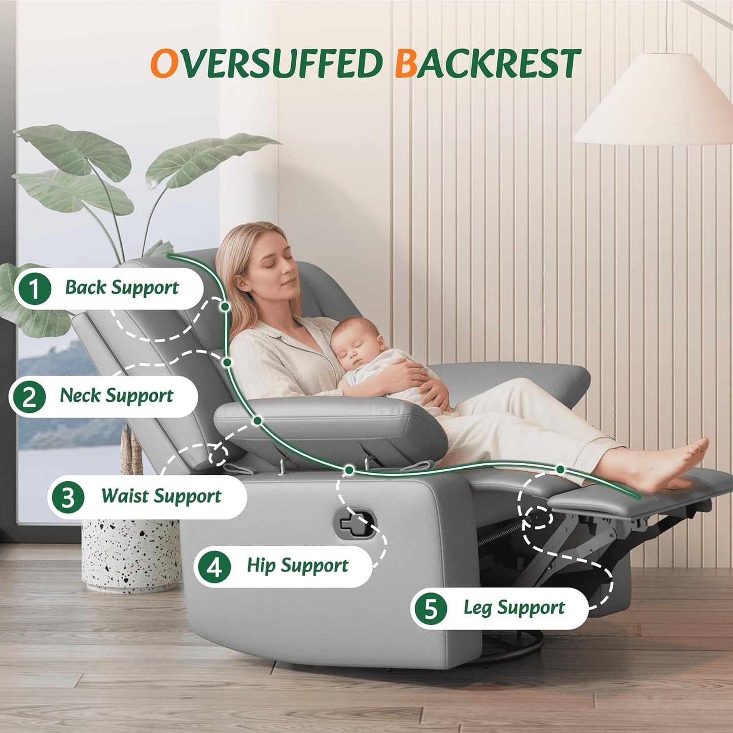 AILEEKISS Nursery Glider Recliner Chair with Adjustable Armrests, Swivel Rocking Recliner for Breastfeeding Moms, 360° Swivel, 30° Rocking, 90°-160° Recline, Easy-Clean Nursery Chair(White)