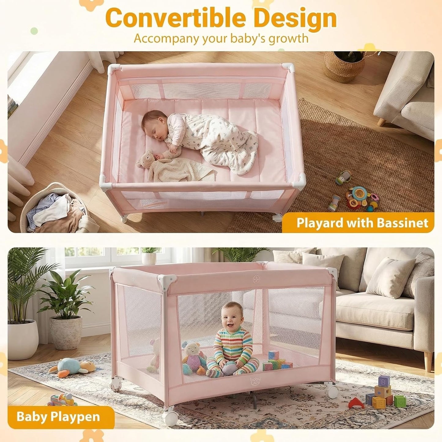 BABY JOY 3 in 1 Pack and Play, Portable Baby Playard with Bassinet, Changing Table, Lockable Wheels, Glowing Music Box, Travel Baby Crib Bassinet Bed from Newborn to Toddler