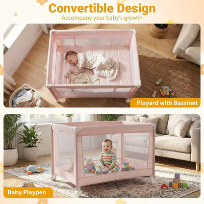 BABY JOY 3 in 1 Pack and Play, Portable Baby Playard with Bassinet, Changing Table, Lockable Wheels, Glowing Music Box, Travel Baby Crib Bassinet Bed from Newborn to Toddler