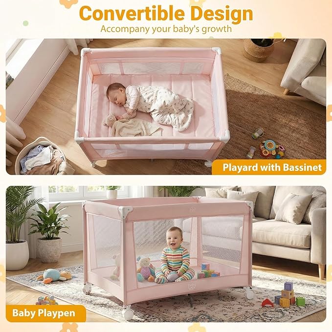 BABY JOY Pack and Play with Bassinet, Portable Playard for Baby, Double Layer Foldable Baby Playpen with Mattress, Lightweight Pink Travel Crib with Bassinet & Carry Bag from Newborn to Toddlers