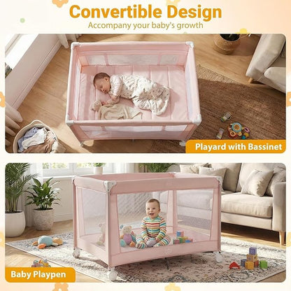 BABY JOY Pack and Play with Bassinet, Portable Playard for Baby, Double Layer Foldable Baby Playpen with Mattress, Lightweight Pink Travel Crib with Bassinet & Carry Bag from Newborn to Toddlers
