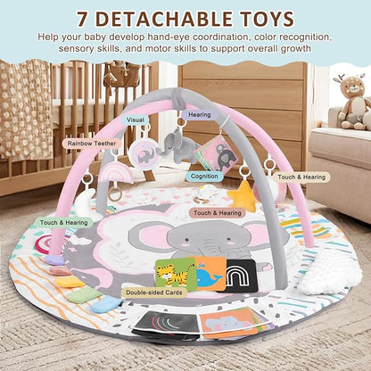 Baby Play Gym & Activity Mat, Tummy Time Mat with Cloud Toy, 7 Detachable Sensory Toys and Educational Cards for Motor Skills & Sensory Development, Baby Essentials Shower Gift, Pink Elephant