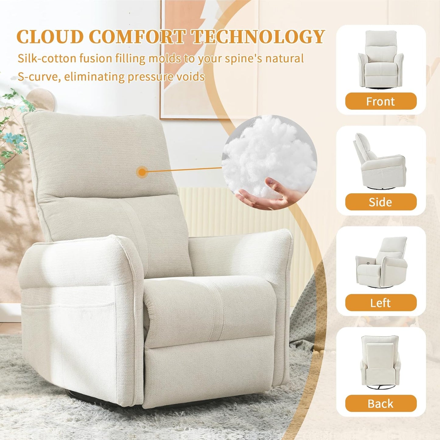Power Swivel Rocker Recliner Chair for Nursery, Upholstered Snowflake Velvet 270°Swivel Glider Rocker Chair with USB Ports, Small Power Recliners for Small Spaces Living Room