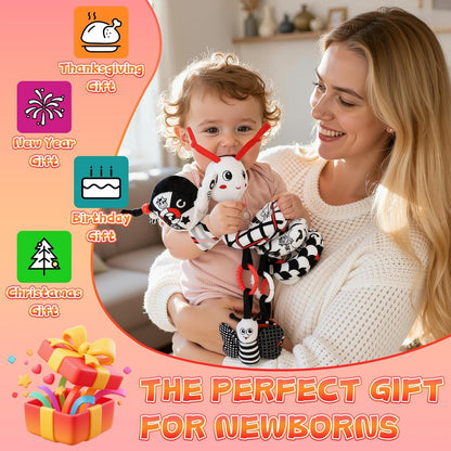 Car Seat Toys for Babies, 0-6 Months Stroller Activity Black White Baby Spiral Plush Toys Newborn High Contrast Sensory Carseat Toys with 4 Pendants Hanging Boys Girls Gift
