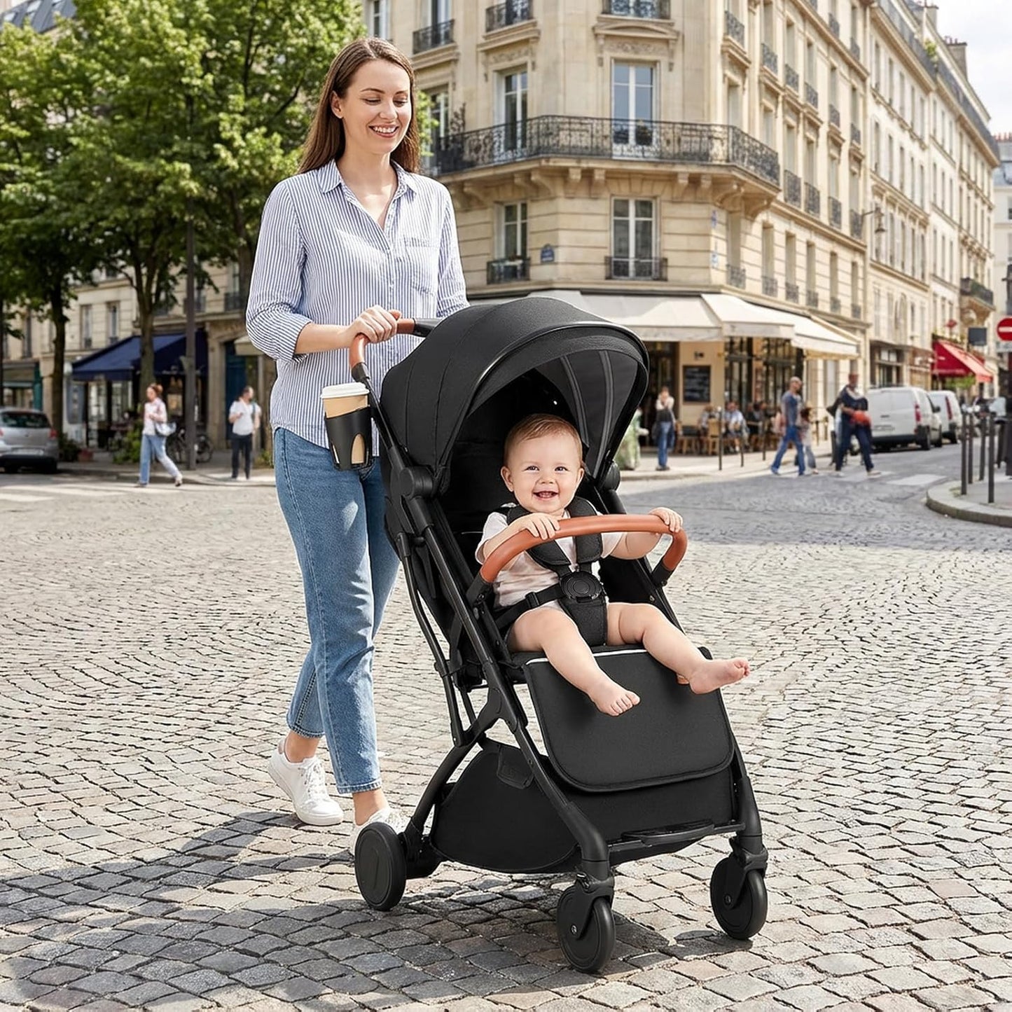 BABY JOY Lightweight Stroller, Compact Travel Stroller with One-Hand Fold, Adjustable Backrest, Canopy, Cup Holder, Footmuff & Storage Basket for Toddlers (Gray)