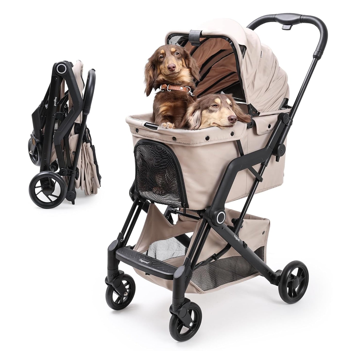 Upgraded Small/Medium Pet Stroller - Dogs & Cats up to 66 lbs, Folds for Storage and Features a Safety Foot Brake, 3-in-1 Foldable Portable Travel Carrier for 2 Small to Medium Pets (Black)