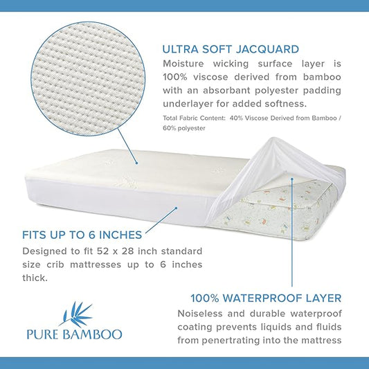 Bamboo Crib Mattress Protector by Pure Bamboo, Waterproof - Breathable, Noiseless Mattress Cover Pad Protects Against Moisture & Stains - Fits 52x28x6 inch Mattress