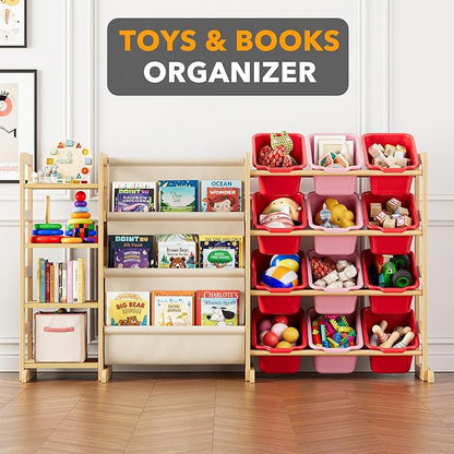 SpaceAid 3-in-1 Toy Storage Organizer with 4 Shelves and 12 Bins, Toy Organizers Storage 3-Tier Bookshelf, Kids Bin Shelf Box Bookcase for Bedroom Playroom Organization Room Decor, Red and Pink