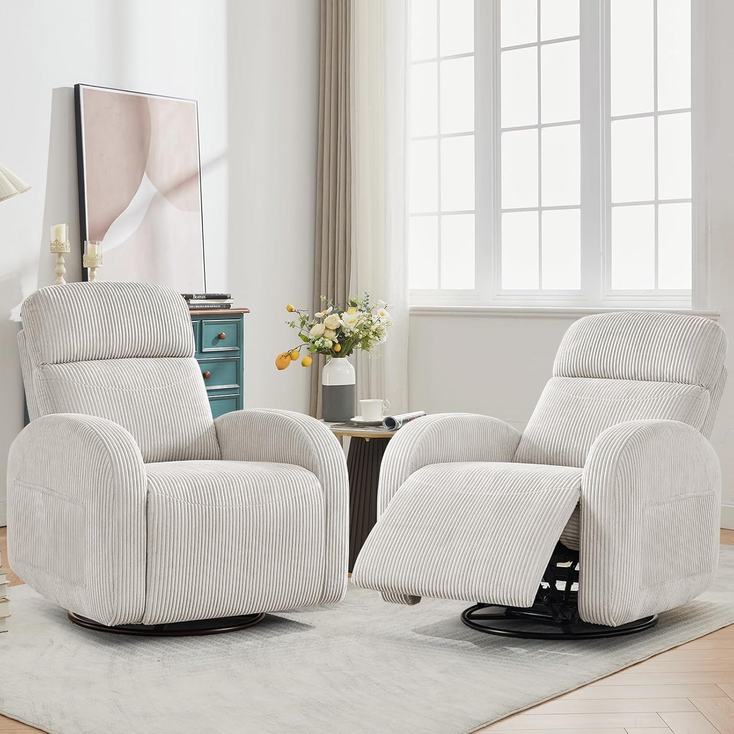Swivel Rocker Recliner Chair, Rocking Recliner for Nursery with Side Pockets, Manual Swivel Reclining Nursery Glider Chair for Breastfeeding Living Room, Camel Chenille