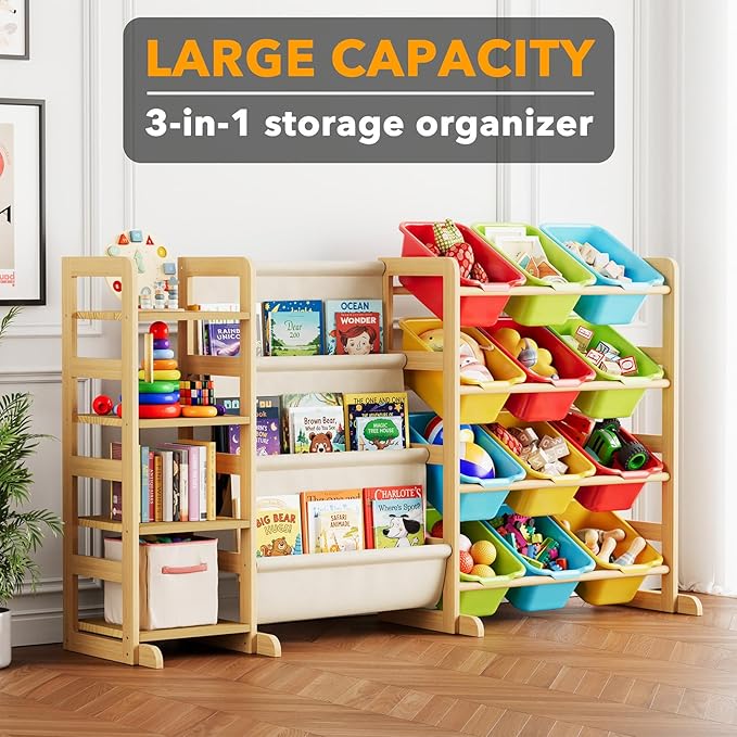 SpaceAid 3-in-1 Toy Storage Organizer with 4 Shelves and 12 Bins, Toy Organizers Storage 3-Tier Bookshelf, Kids Bin Shelf Box Bookcase for Bedroom Playroom Organization Room Decor, Multi-Colored