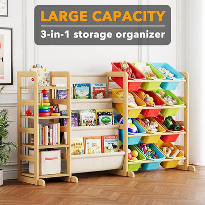 SpaceAid 3-in-1 Toy Storage Organizer with 4 Shelves and 12 Bins, Toy Organizers Storage 3-Tier Bookshelf, Kids Bin Shelf Box Bookcase for Bedroom Playroom Organization Room Decor, Multi-Colored