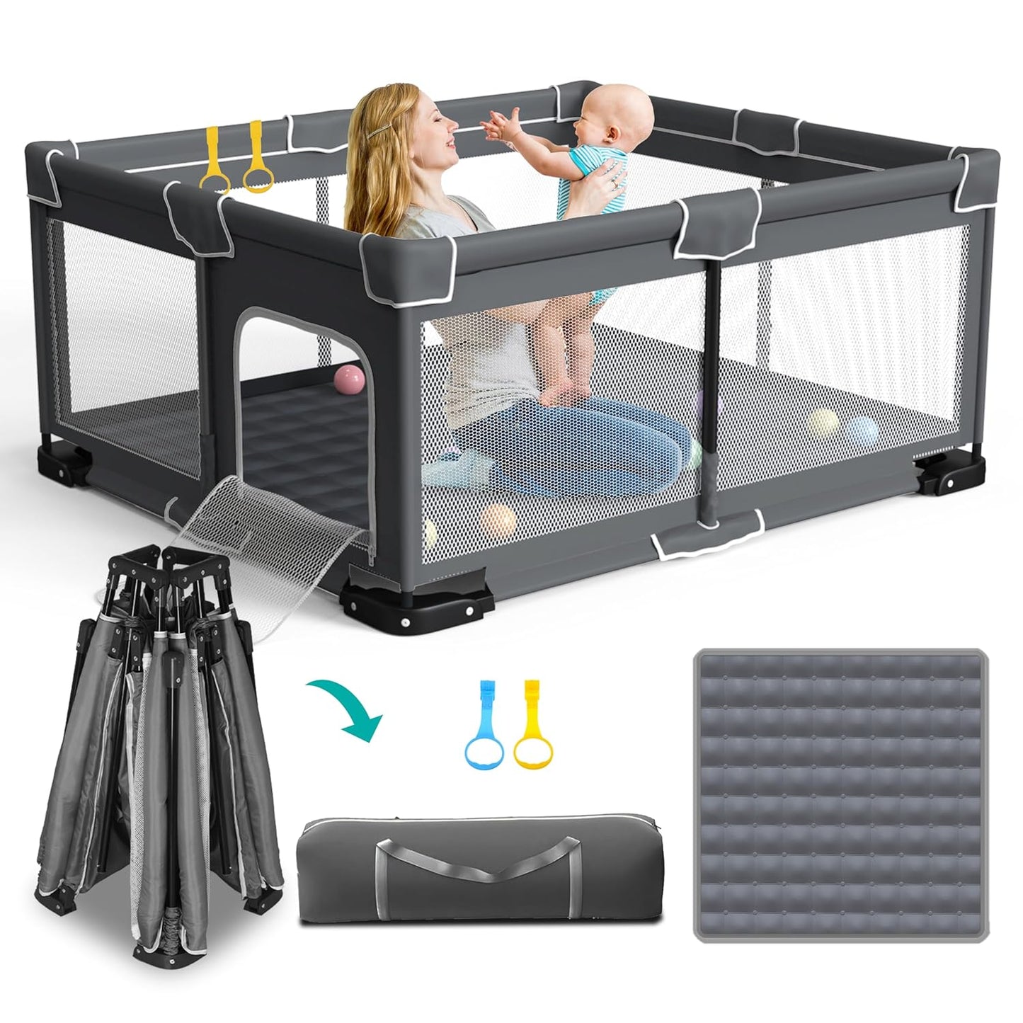 ICAREWAY Foldable Playpen for Babies and Toddlers, 50x50 Inches Portable Playpen, Kids Collapsible Play Pen with 2 Handlers, Indoor & Outdoor Baby Fence Play Area with Visible Mesh, Dark Gray