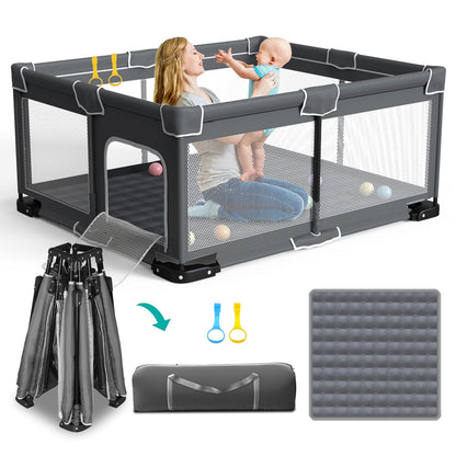 ICAREWAY Foldable Playpen for Babies and Toddlers, 50x50 Inches Portable Playpen, Kids Collapsible Play Pen with 2 Handlers, Indoor & Outdoor Baby Fence Play Area with Visible Mesh, Dark Gray