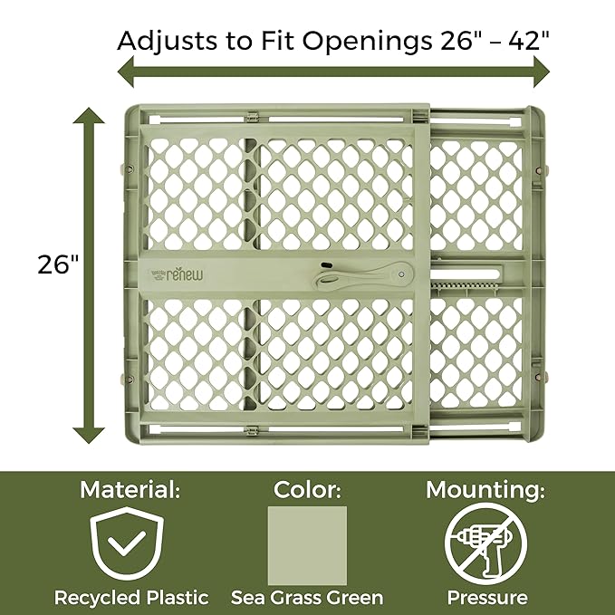 Toddleroo by North States - ReNew 100% Recycled Plastic Baby Gate for Doorway; Sturdy for Indoor & Outdoor Use: Pressure Mounted, No Drill Gate; Made in USA; 26" to 42" Wide, 26" Tall; Sea Grass Green