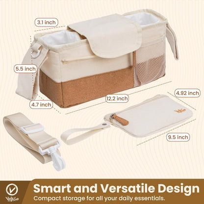 V VOLKGO Stroller Caddy with Cup Holder - Stroller Organizer Bag for Baby Travel Gear, Baby Bottle Organizer & Baby Diaper Caddy | Insulated XL 40oz, Detachable Wristlet, Premium Canvas & Natural Cork
