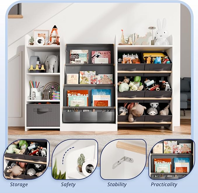 IKALIFE Kids Toy Book Storage Organizer - Large Bookshelf with 7 Removable Bins, Baby Bookshelf and Toy Storage, 4-Tier Book Shelf for Kids Room, Playroom, Classroom, 55 inch, Cream