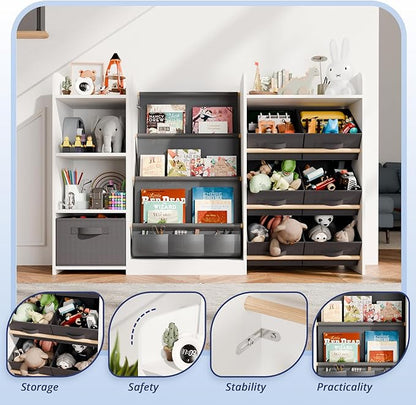 IKALIFE Kids Toy Book Storage Organizer - Large Bookshelf with 7 Removable Bins, Baby Bookshelf and Toy Storage, 4-Tier Book Shelf for Kids Room, Playroom, Classroom, 51 inch, White