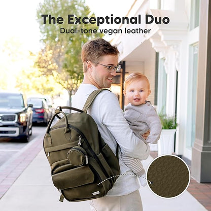 KeaBabies Diaper Bag Backpack - Multifunctional Travel Diaper Back Packs, Maternity Baby Changing Bags, Compact 18L Capacity, PU Leather, Waterproof, Unisex, Nappy Changing Pad (Dark Olive)