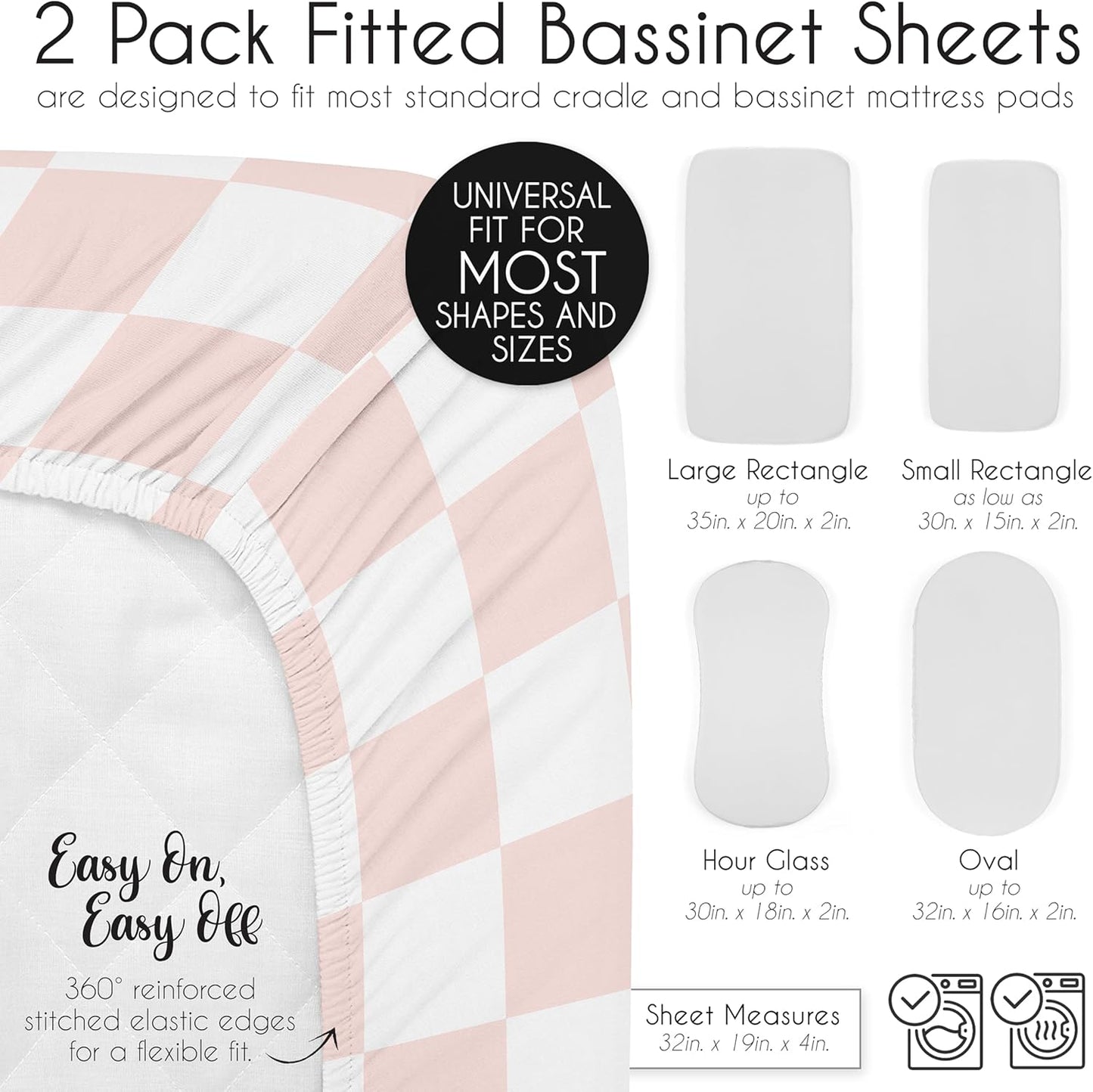 Sweet Jojo Designs 2-Piece Baby Bassinet Sheets Set (Black/White Gingham Checkered Plaid) for Boy/Girl, Infant Newborn Nursery, Oval, Rectangle & Hourglass Mattress (Solid Onyx & Classic Checkerboard)