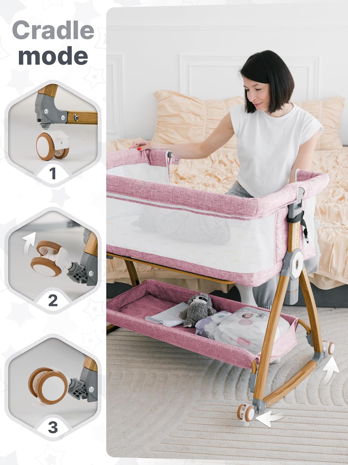 Earth&ME Baby Bassinet Bedside Sleeper with Rocking - All Mesh Portable Bedside Crib for Safe Co-Sleeping, Storage Basket and Wheels, Adjustable Height, Includes Travel Bag, Mosquito Net (Whate, Grey)