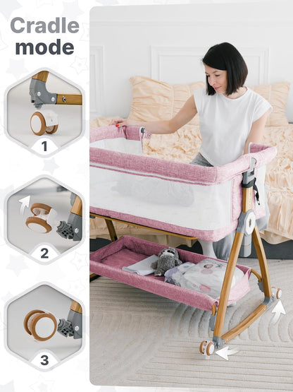Earth&ME Baby Bassinet Bedside Sleeper with Rocking - All Mesh Portable Bedside Crib for Safe Co-Sleeping, Storage Basket and Wheels, Adjustable Height, Includes Travel Bag, Mosquito Net (Whate, Grey)