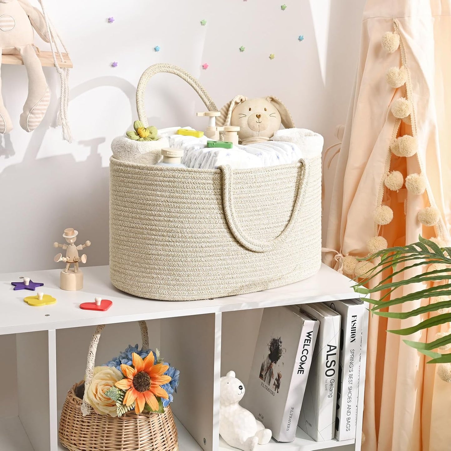 19L Baby Diaper Caddy Organizer, 16.8"x9.8"x9" Cotton Rope Diaper Basket, Changing Table Storage Caddy With Removable Divider, Baby Basket for Nursery, Car, Diapers, Baby Shower Gifts for Newborn