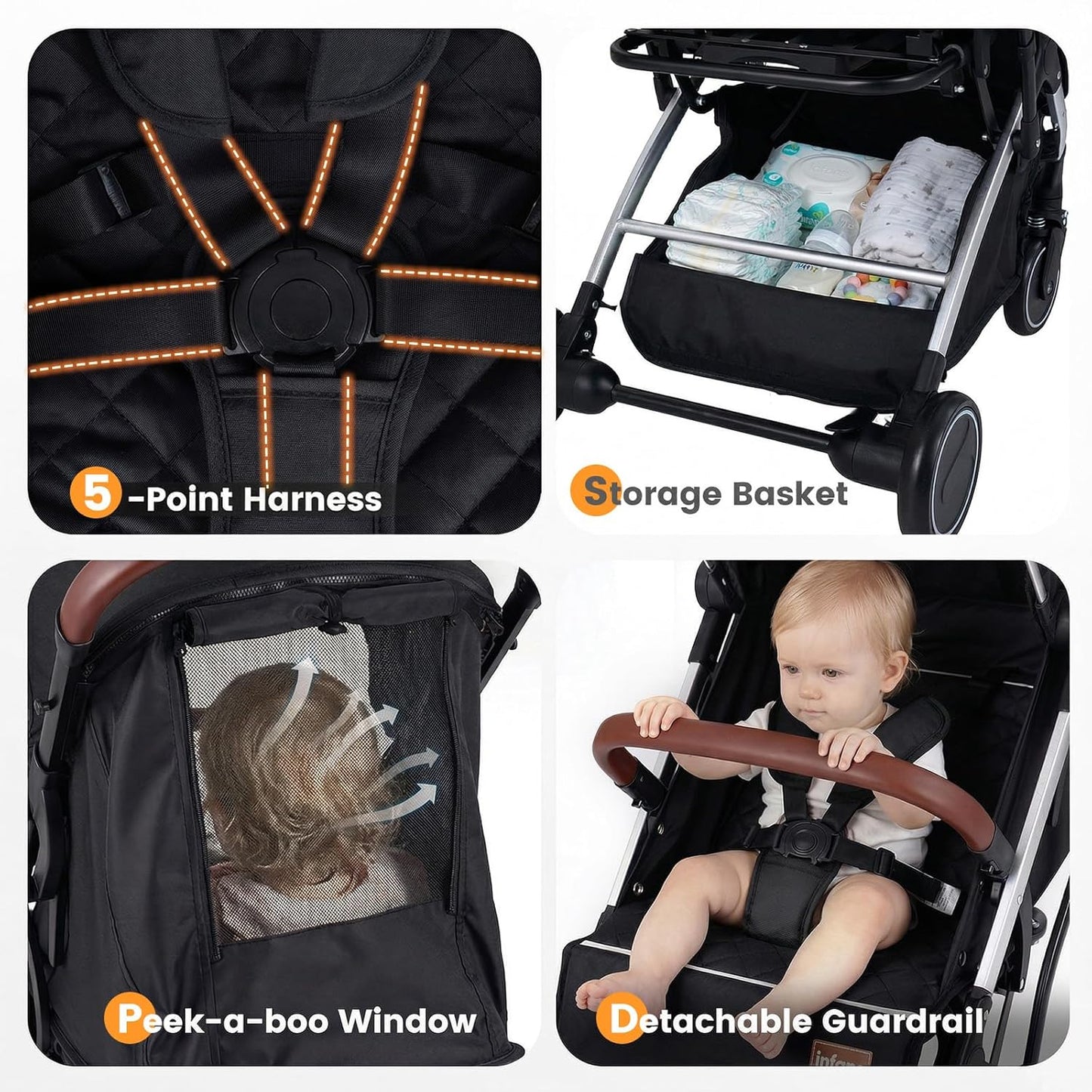 INFANS Travel Stroller, Lightweight Compact Baby Stroller for Airplane with One-Hand Fold, Multi-Position Recline, Canopy, 4 Wheel Suspension, Storage Basket (Grey+Black)
