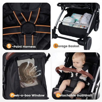 INFANS Travel Stroller, Lightweight Compact Baby Stroller for Airplane with One-Hand Fold, Multi-Position Recline, Canopy, 4 Wheel Suspension, Storage Basket (Grey+Black)
