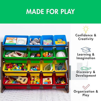 Humble Crew Toy Storage Organizer with 16 Removable Storage Bins for Kids Playroom, 4-Tier Toddler Toy Organization and Storage, Walnut/Primary